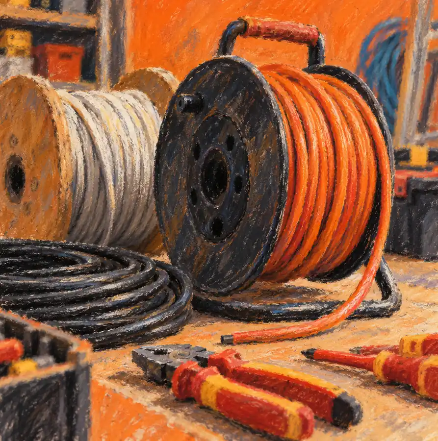 Illustration of electrical contractors equipment and workspace