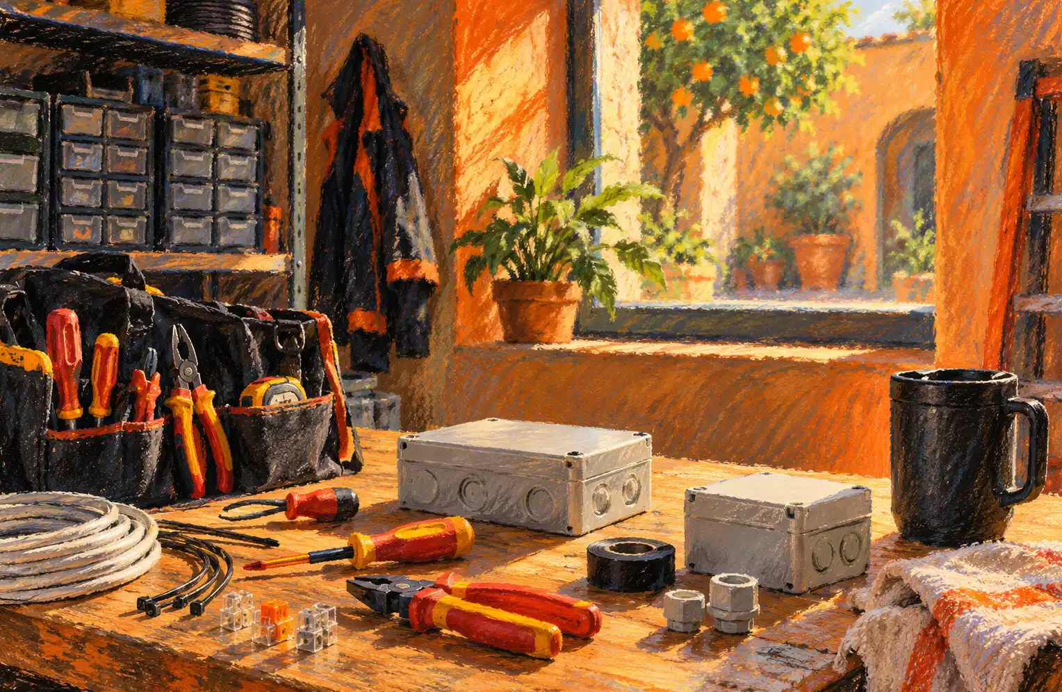Illustration of electrical contractors and their working space